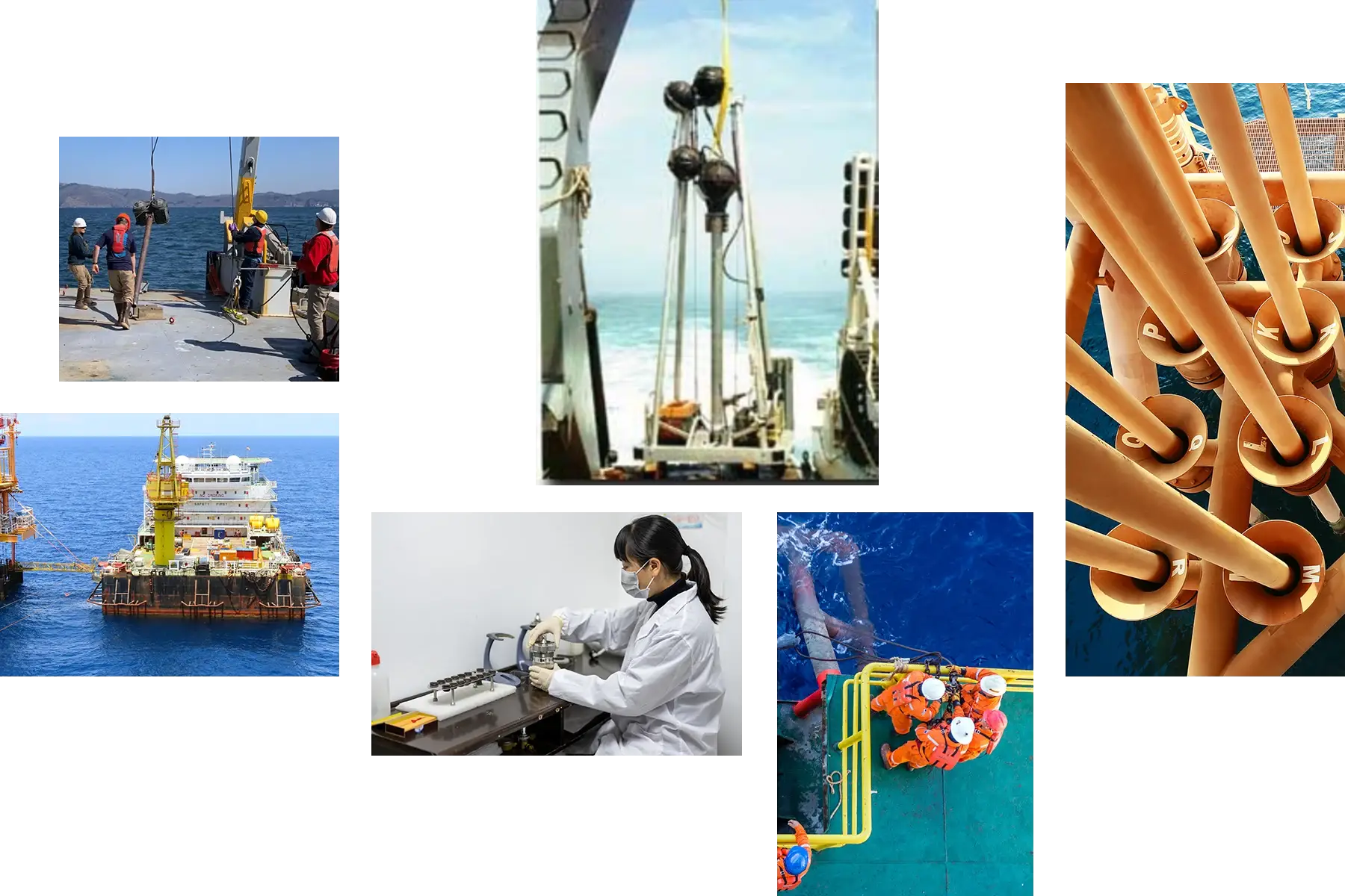 A collage of different pictures with various people working on boats.